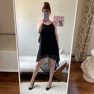 SOPRANO BLACK SLEEVELESS OPEN FIT TIERED DRESS HIGH LOW LINED SMALL SHEER